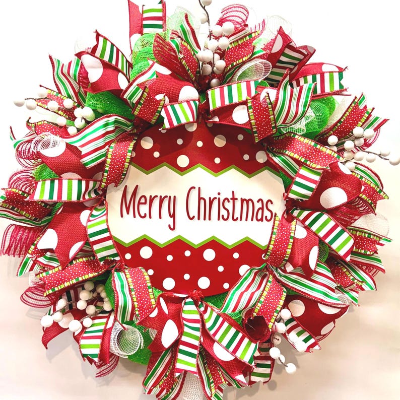Deco Mesh Merry Christmas Wreath, Red and Green Front Door Decor - Etsy
