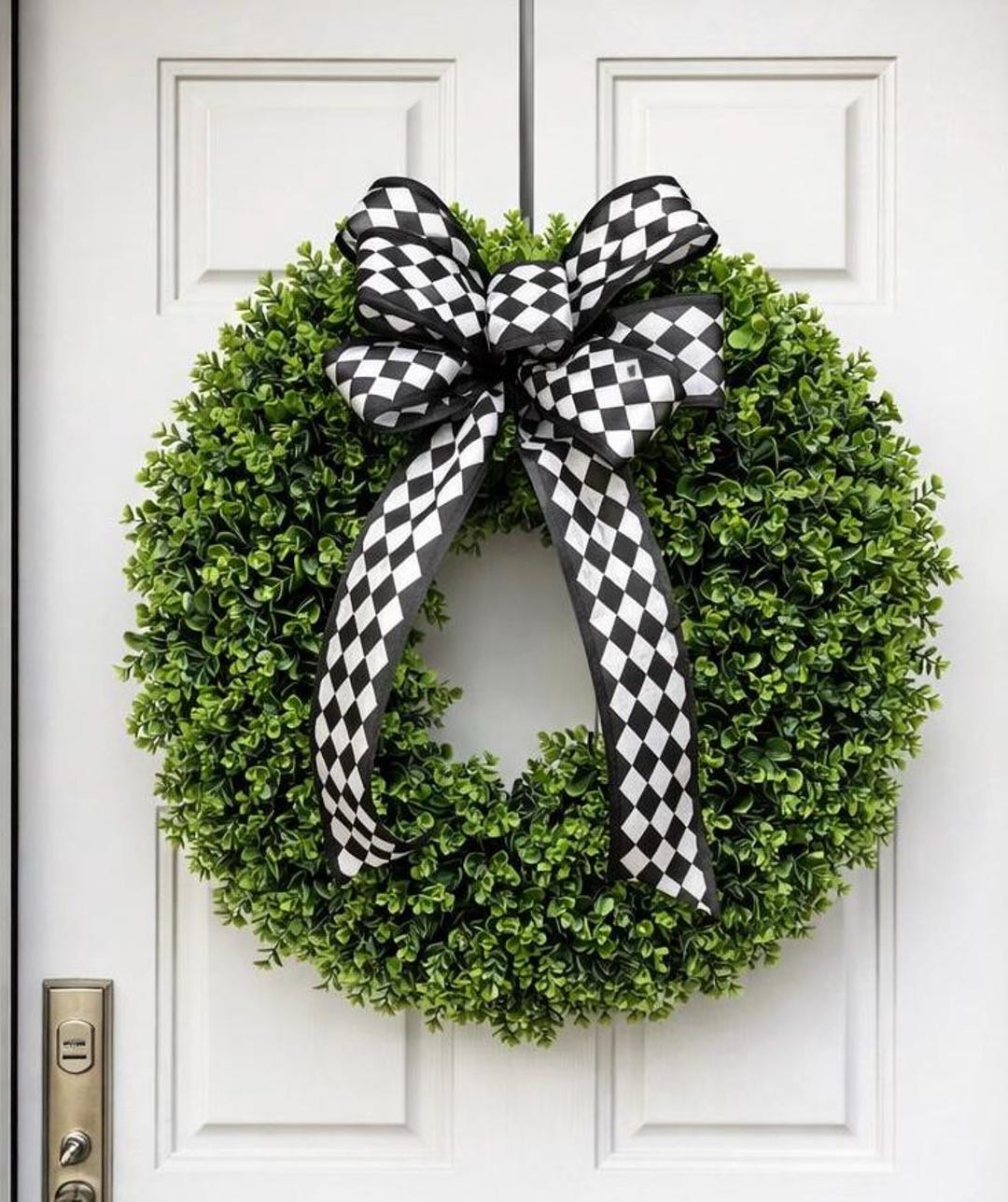 Boxwood Wreath: Black and White Check Bow, Farmhouse Front Door