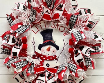 Winter Snowman Wreath for front Door, Christmas Whimsical Wreath, Deco Mesh, Christmas Decor, Winter Decor