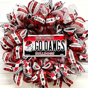 College Football Wreath for Front Door, Deco Mesh, Georgia Wreath, Red and Black, Year-Round Wreath