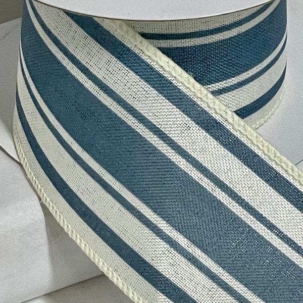 FREE SHIPPING- Wired Farmhouse Ribbon, 2.5" by 5 YARDS, Stripe Ribbon, Blue and Ivory