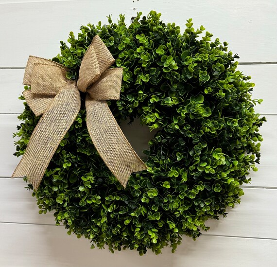 Rustic Boxwood Wreath: Farmhouse Burlap Bow, Fall Door Decor