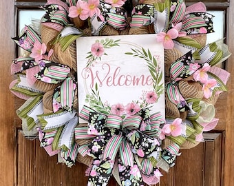 Deco Mesh Wreath for Front Door, Spring Summer Wreath, Spring Summer Decor, Mother's Day Wreath/Gift, Pink Floral Wreath