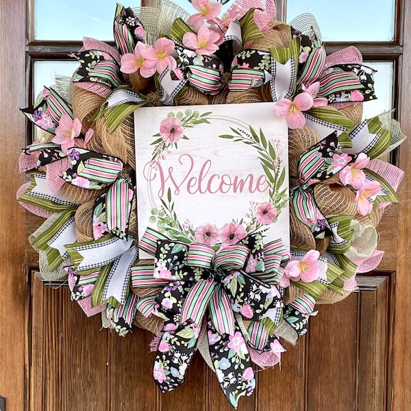 Deco Mesh Wreath for Front Door, Spring Summer Wreath, Spring Summer Decor, Mother's Day Wreath/Gift, Pink Floral Wreath