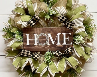 Home Wreath, for Front Door, Spring Deco Mesh Wreath, Farmhouse Wreath, Year-Round Outdoor Wreath, Everyday Wreath