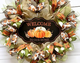 Fall Wreath for Front Door, Welcome to Our Home, Fall Decor, Deco Mesh, Autumn Wreath, Pumpkin Wreath