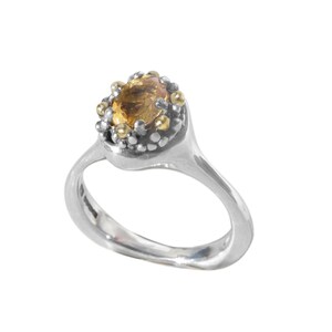May include: A silver ring with a gold and brown gemstone set in a textured bezel. The ring has a simple band.