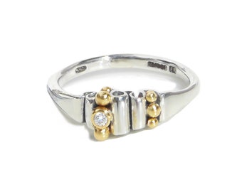 Silver Ring with 18k Gold Beads and Diamond, Alternative Engagement Ring