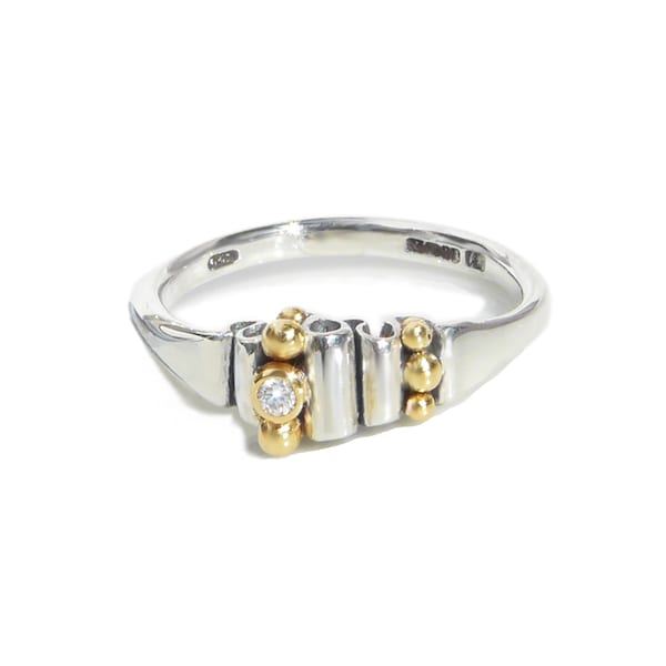 Contemporary Ring. Silver+18 kt Gold beads, very fine diamond.Artisan.Modern Designer Pamela Dickinson.Fine jewelry.Precious gift.
