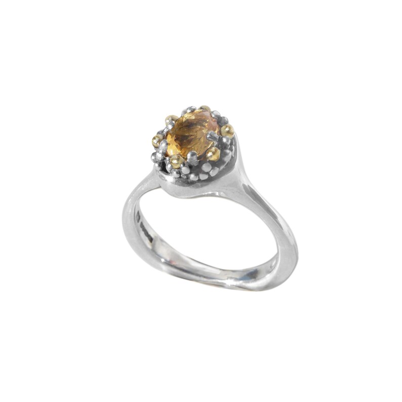 May include: A silver ring with a gold and brown gemstone set in a textured bezel. The ring has a simple band.