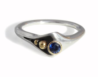 Sapphire Ring, Sterling Silver and 18k Gold Accents, Modern Design