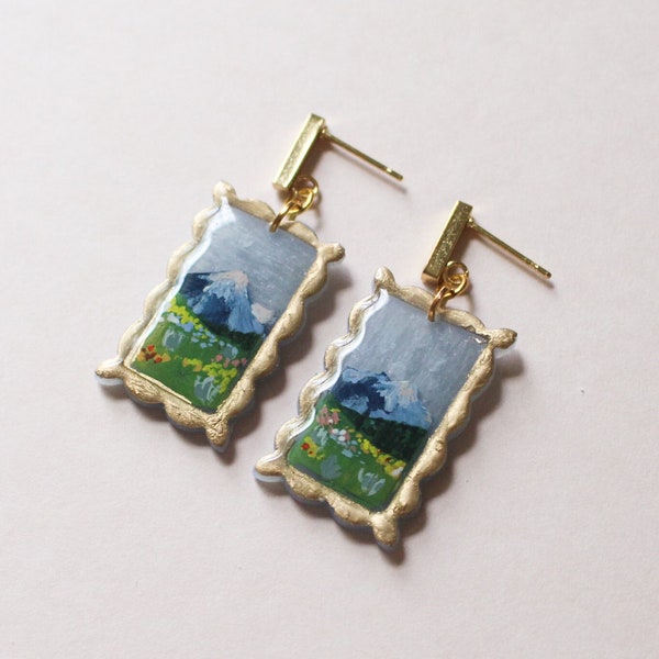 Mountain Landscape Polymer Clay Earrings Forest Moss Colorado Wildflowers Rocky Mountain Hand Painted National Park StatementGift