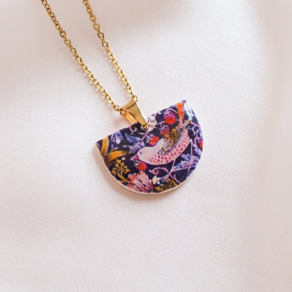 Strawberry Thief Necklace Pattern William Morris Art Novae Bird Delicate Gold Plated Chain