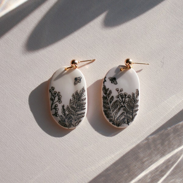 Ink Fern Bumblebee Bee Polymer Clay Earrings Oval Statement Earring Floral Botanical  Minimalist Eco Friendly Painted