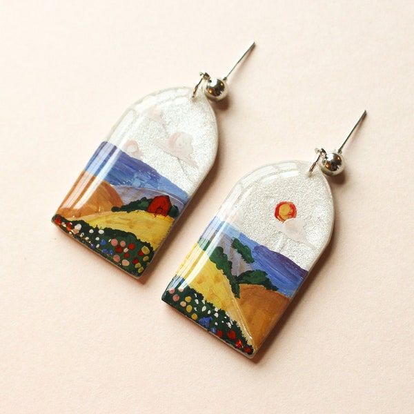 Landscape Polymer Clay Earrings Midwest Nebraska Iowa Field Barn Hand Painted National Park Window Statement Earring Gift For Her