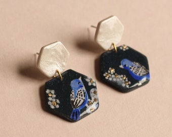 Bird Polymer Clay Earrings Wing Statement Earring Blue Bird Gold Plated Painted Floral Gift For Her Eco Friendly Packaging Hand Painted