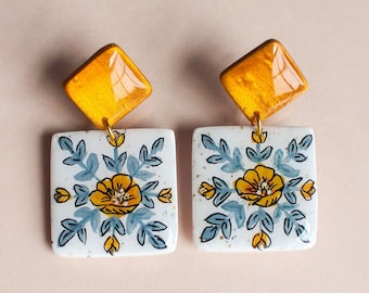 Scandinavian Polymer Clay Earrings Square Statement Earring Gold  Gift For Her Eco Friendly Packaging Hand Painted Swedish