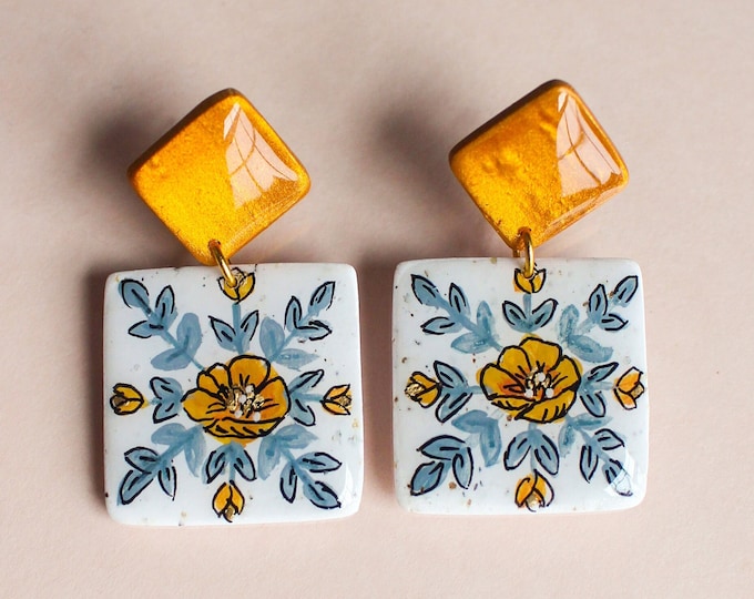 Scandinavian Polymer Clay Earrings Square Statement Earring Gold  Gift For Her Eco Friendly Packaging Hand Painted Swedish