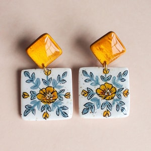 Scandinavian Polymer Clay Earrings Square Statement Earring Gold  Gift For Her Eco Friendly Packaging Hand Painted Swedish