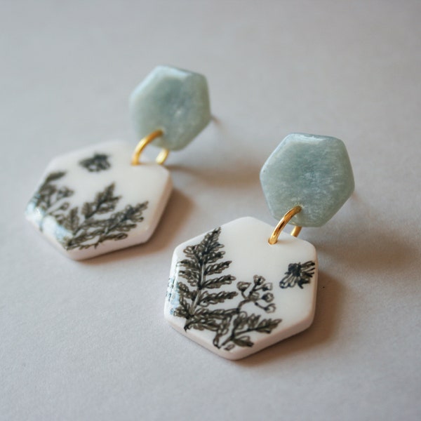 Ink Fern Bee Polymer Clay Earrings Hexagon Statement Earring Floral Botanical Hypoallergenic Minimalist Eco Friendly Packaging Hand Painted