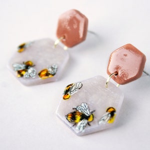 Bumblebee Polymer Clay Earrings | Hexagon | Statement Earring | Rust |  | Gift For Her | Eco Friendly Packaging | Hand Painted