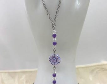 Violet Boho Flower Handchain: Purple Glass Round Beads, Clear Crystals, Silver Stainless Steel Chain, Lobster Clasp, Adjustable