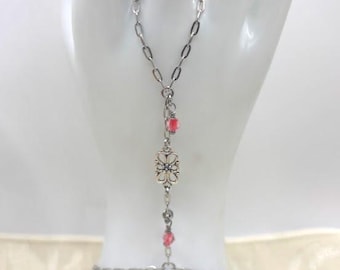 Raspberry Pink Crystal Boho Hand Chain: Filigree Floral Link, Silver Hypoallergenic Stainless Steel Chain, Lobster Clasp, Adjustable