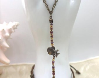 Macrame Seashore Hand Chain: Bronze Jewelry Chain, Brown Cording, Scallop Shell & Starfish Link, Beachy Seed Beads, Adjustable
