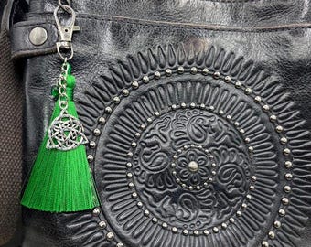 Antique Silver Celtic Triquetra Bag or Purse Charm: Kelly Green Silk Tassel, Green Heart Bead, Swivel Hook & Key Ring