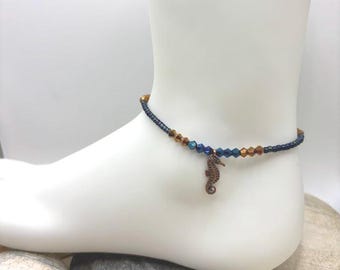 Seahorse Charm Anklet: Copper & Blue Faceted Crystals, Polyester Waxed Cord With Adjustable Slide Clasp