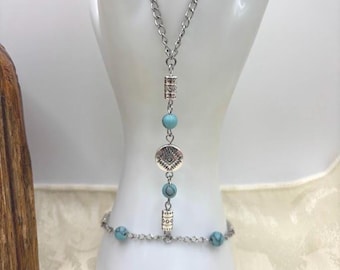 Southwestern Hand Chain Bracelet: Turquoise Beads, Silver Coin Bead, Stainless Steel Hypoallergenic Chain (Adjustable)
