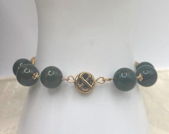 Golden Celtic Knot Coin & Green Tiger Iron Gemstone Bracelet: Gold Tone Toggle, Size Medium