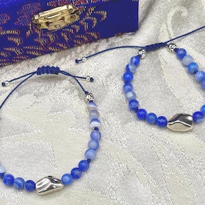 Bold Silver Nugget Focal & Cornflower Blue Agate Beaded Statement Bracelet: Bumpy Silver Accent Beads, Adjustable Navy Blue Cord Slide Clasp