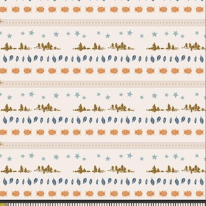 May include: A cream-colored fabric with a repeating pattern of stylized trees, leaves, and insects in shades of brown, blue, and orange. The design includes small blue stars and is accented with thin, horizontal stripes. The ruler at the bottom shows inches.