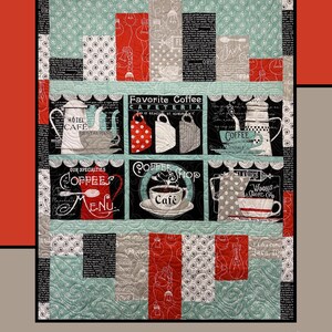 May include: A quilt pattern design featuring a patchwork of coffee-themed fabric squares. The squares feature vintage coffee shop illustrations, text, and polka dots. The quilt is titled "Espresso" and is designed by Heidi Cook for Villa Rosa Designs.