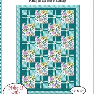 May include: A quilt pattern titled "Daydream" with a floral design. The quilt measures 42" x 60". The pattern features squares of flowers and leaves in shades of purple, yellow, and green, set against a teal background. The text "Make It with 3 yards" is also included.