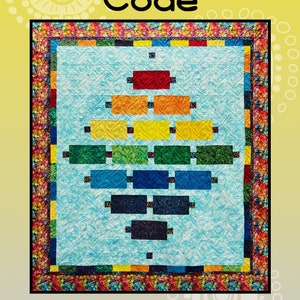 May include: A quilt pattern called "Morse Code" featuring a rainbow-colored geometric design. The quilt is made up of squares and rectangles in shades of red, orange, yellow, green, blue, indigo, and violet. The pattern is surrounded by a colorful border. The text "creative sewlutions for Villa Rosa Designs" is at the bottom of the image.