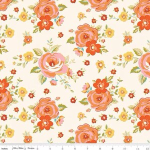 May include: Floral fabric featuring a repeating pattern of large orange and pink roses, smaller red and yellow flowers, and green leaves on a cream background. The fabric is marked with inches along the bottom.