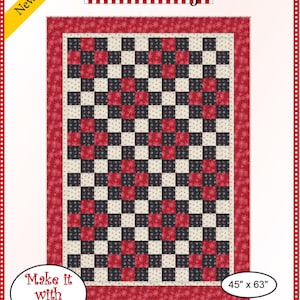 May include: A quilting pattern for a nine-patch quilt. The pattern features a red, white, and black checkerboard design with a red border. The pattern is titled "Nine Patch" and is from Fabric Cafe. The pattern is 45 inches by 63 inches and requires 3 yards of fabric.