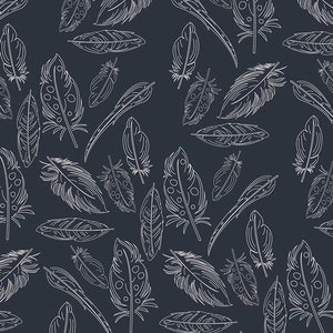 May include: A seamless pattern of white feathers on a dark blue background. The feathers are drawn in a simple, elegant style and are arranged in a random pattern.