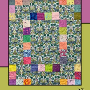 May include: A quilt pattern called "Chaotic Bliss" by Molly Cook for Villa Rosa Designs. The quilt is made up of colorful squares with a floral pattern in the background.