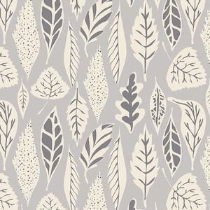 May include: A seamless pattern featuring various leaf designs in shades of gray and off-white. The leaves have different shapes and textures, creating a natural and organic aesthetic. This pattern is suitable for fabric, wallpaper, or other decorative applications.