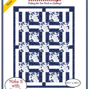 May include: A quilt pattern titled "Porch Rails" with a blue and white design. The pattern includes a floral print and solid blue stripes. The dimensions are 45.5 inches by 60.5 inches. The text "Fabric Cafe" and "New Version" are also visible.