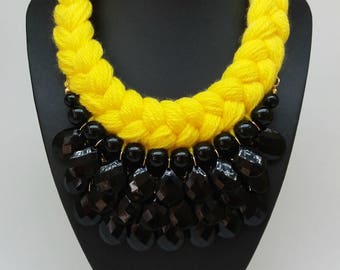 Yellow black bib statement knitted crochet rope boho bohemian chunky necklace, Yellow necklace, Black necklace, Tear drop necklace,gift idea