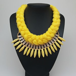 Yellow bib statement rope boho tribal chunky charm necklace collar,Gift for women,Total yellow necklace,Bright yellow lemon necklace