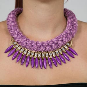 Purple Chic Women Crystal Pendant bib statement knitted necklace, rope necklace, Purple boho bohemian chunky necklace,spring summer necklace