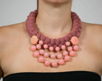 Coral bead necklace , bridesmaid gift, coral pink bib statement pendant crochet necklace collar,coral necklace,pink necklace,salmon necklace