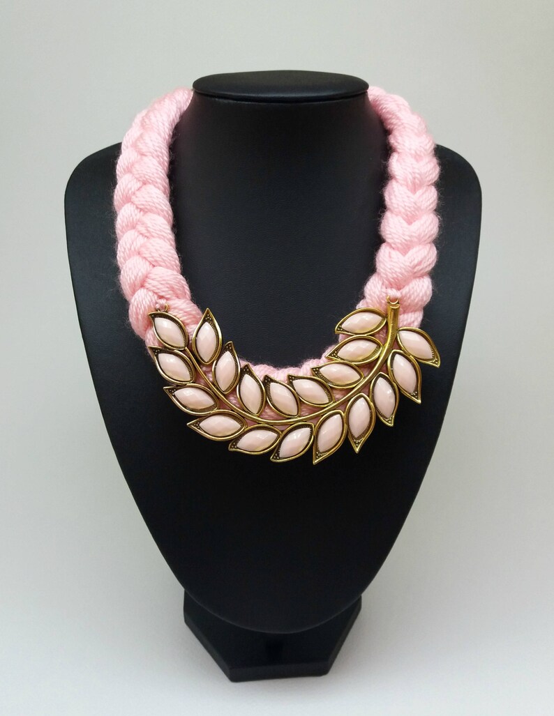 Pink necklace,Summer necklace Leaf necklace,Light pink gold leaf necklace,Pink and gold necklace Total pink knitted bib statement necklace