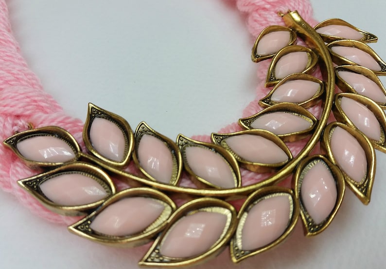 Pink necklace,Summer necklace Leaf necklace,Light pink gold leaf necklace,Pink and gold necklace Total pink knitted bib statement necklace