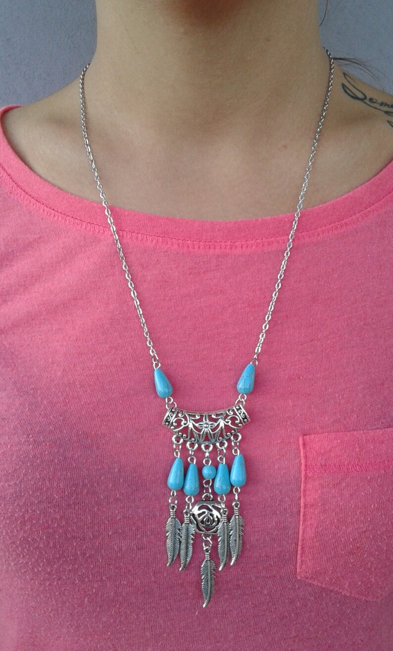 long pendant necklace best friend gift Light blue stones necklace,silver tone chain silver feathers trendy necklace